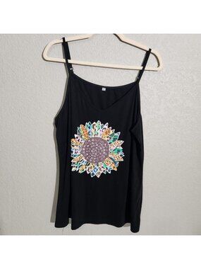 Black Floral Print Womens Tank Top XL Casual Relaxed Fit Sunflower Graphic